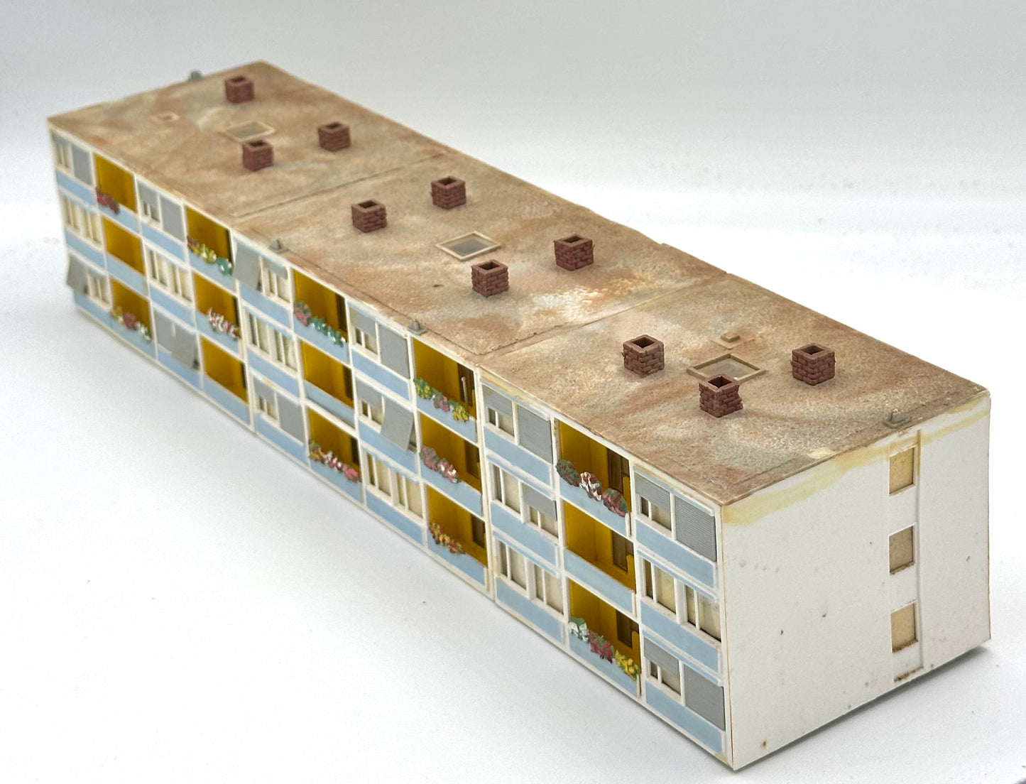 Kibri N Scale Three,3-Story Custom Painted/Weathered Modern Apartment Building, Fully assembled.
