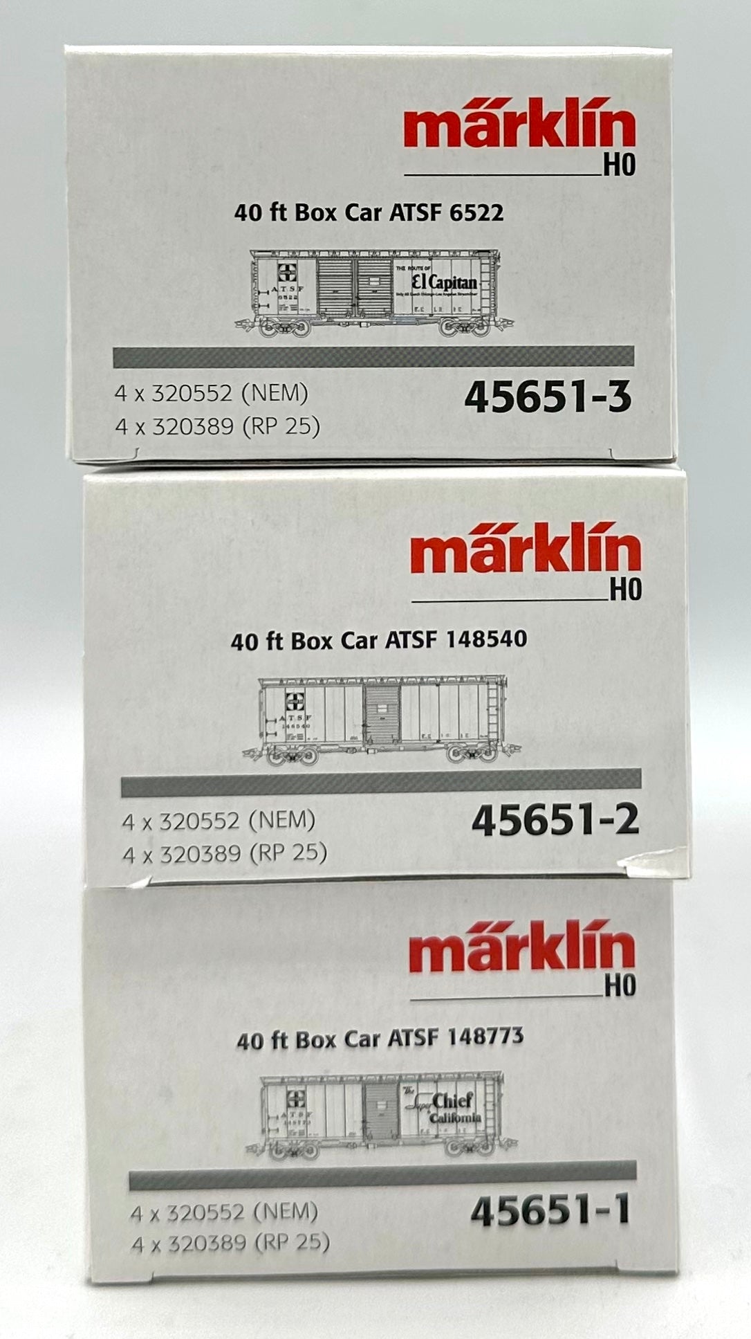 Marklin 45651 HO Scale A.T.S.F. 40ft. Single Door 3 Box Car Set