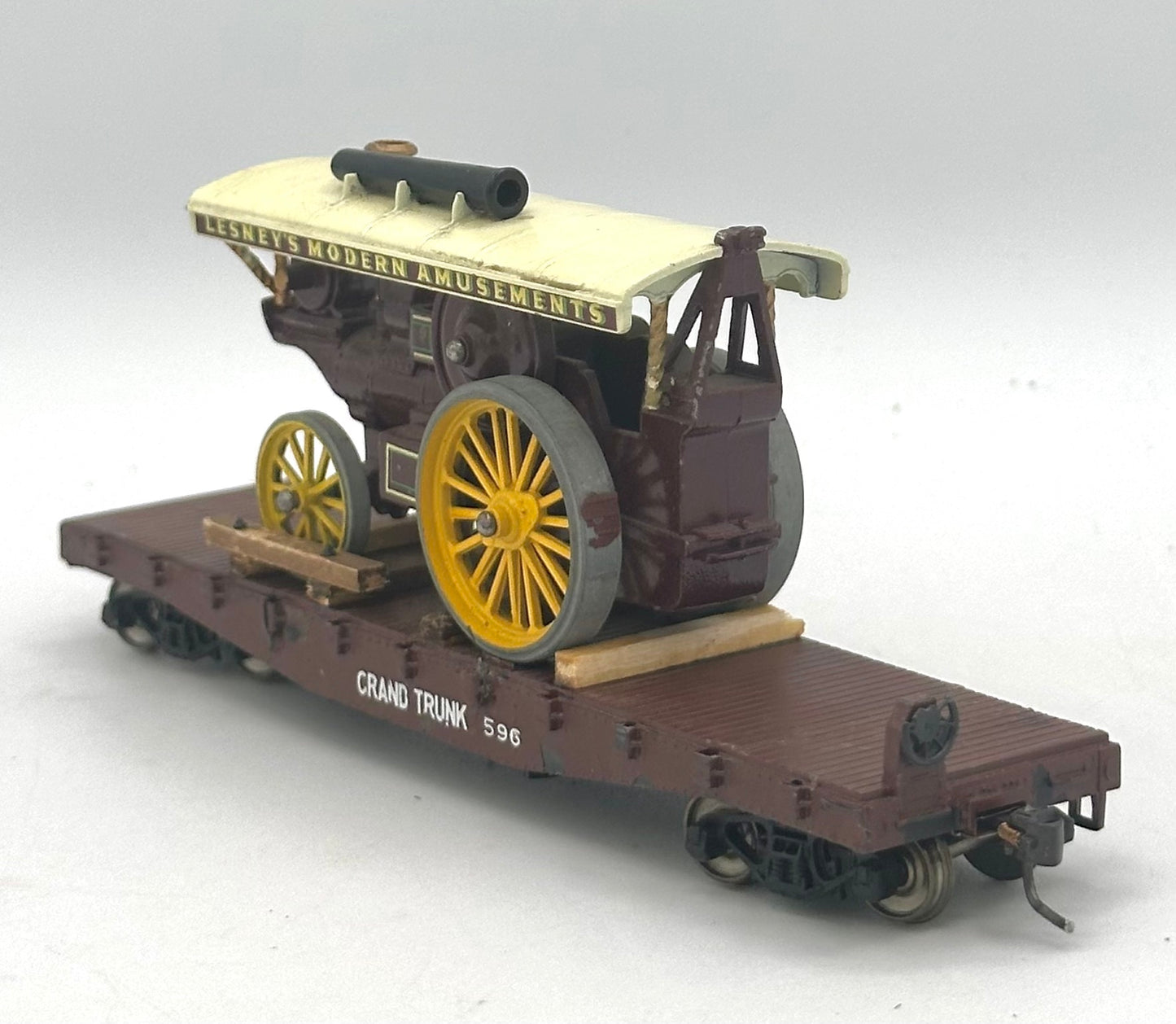 HO Scale Flat Bed car with Traction Engine Load (Lesney's Modern Amusements) All Metal .