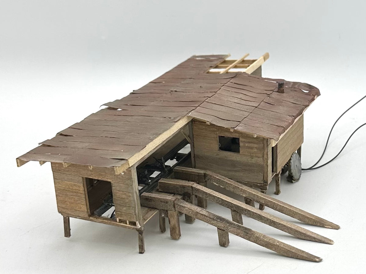 HO Scale Custom Built Wooden Weathered Sawmill, Metal Roof, Loose Log Ramp