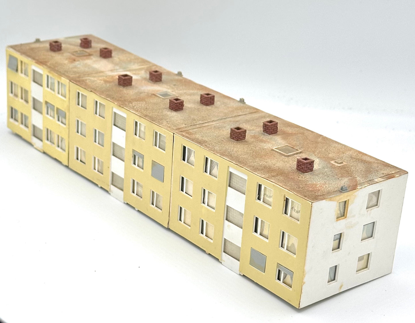 Kibri N Scale Three,3-Story Custom Painted/Weathered Modern Apartment Building, Fully assembled.