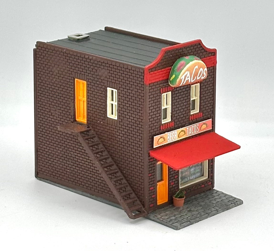 HO Scale 2-Story Brick Built "Beer & Tacos" Restaurant Fully Assembled.