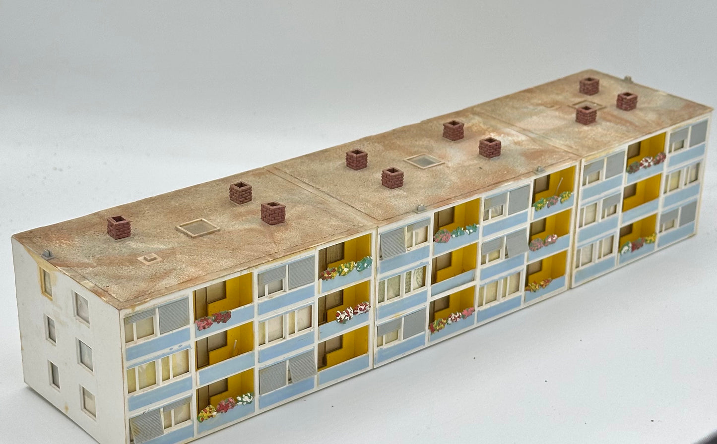Kibri N Scale Three,3-Story Custom Painted/Weathered Modern Apartment Building, Fully assembled.