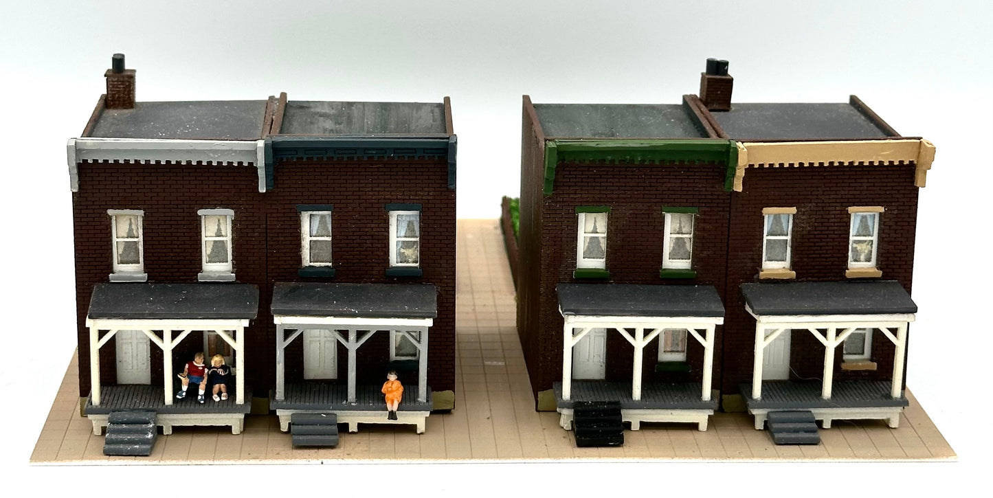 N Scale 4x 2-Story Custom Painted/Weathered Row Houses Fully Assembled