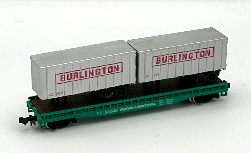 MiniTrix 3148 N Scale Penn Central Piggy Back Flatcar + 2 Trailer Loads