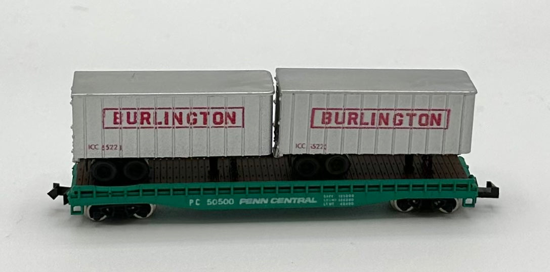 MiniTrix 3148 N Scale Penn Central Piggy Back Flatcar + 2 Trailer Loads