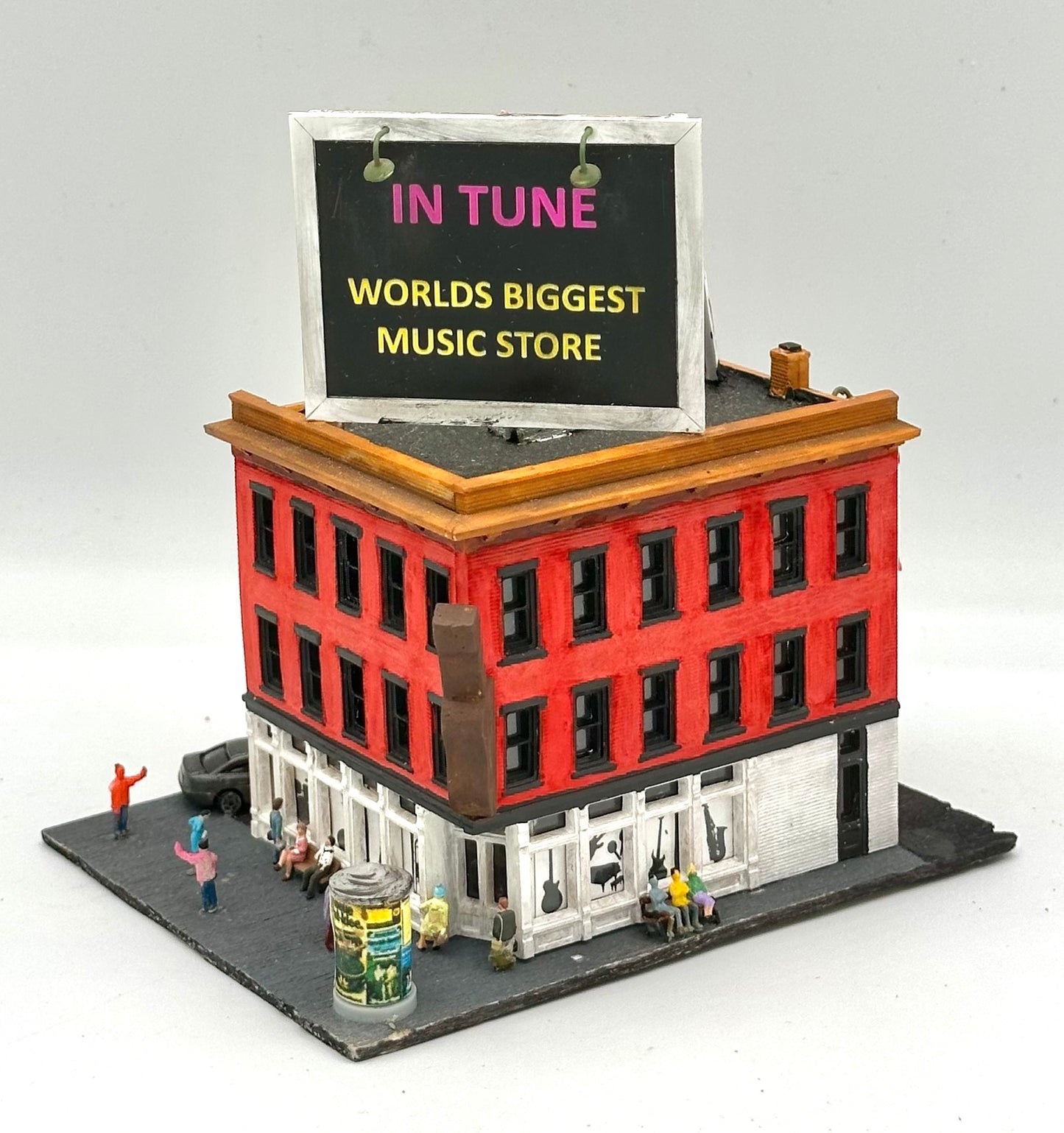 N Scale 6-Story Weathered Custom Painted "In Tune" Music Shop Fully Assembled Lighted