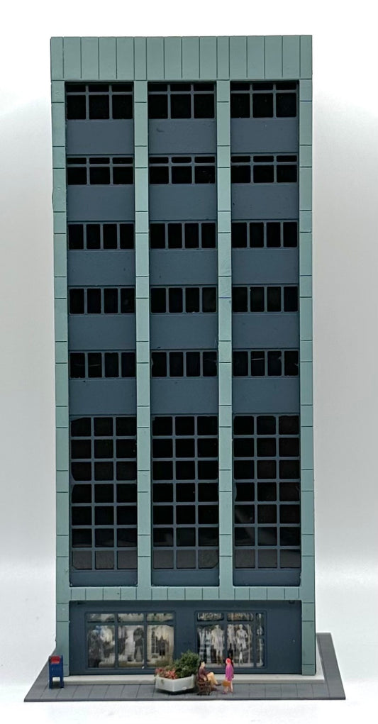 N Scale 9 Story Office Building Customized Paint,Window Treatment, Side Walk Figures