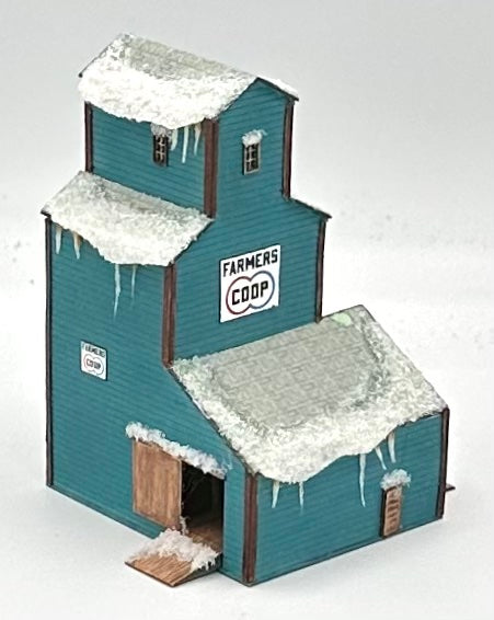 LaserCut Z Scale Wooden Grain Elevator Custom Painted/ Winter Weathered Fully Assembledbled