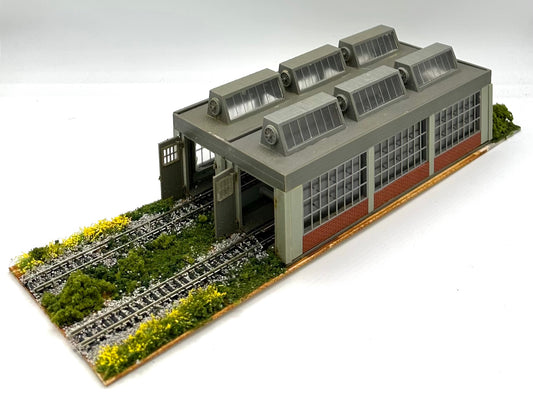 Faller N Scale Modern 2-Bay Engine Shed Fully Assembled. Diorama