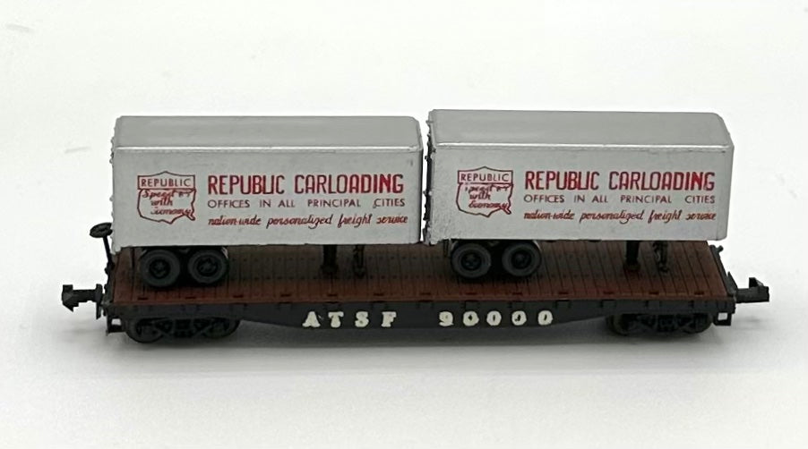 Atlas 2352 N Scale ATSF Piggy Back Flatcar + 2 Trailer Loads