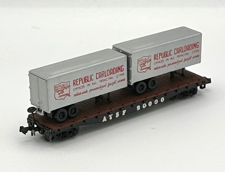 Atlas 2352 N Scale ATSF Piggy Back Flatcar + 2 Trailer Loads