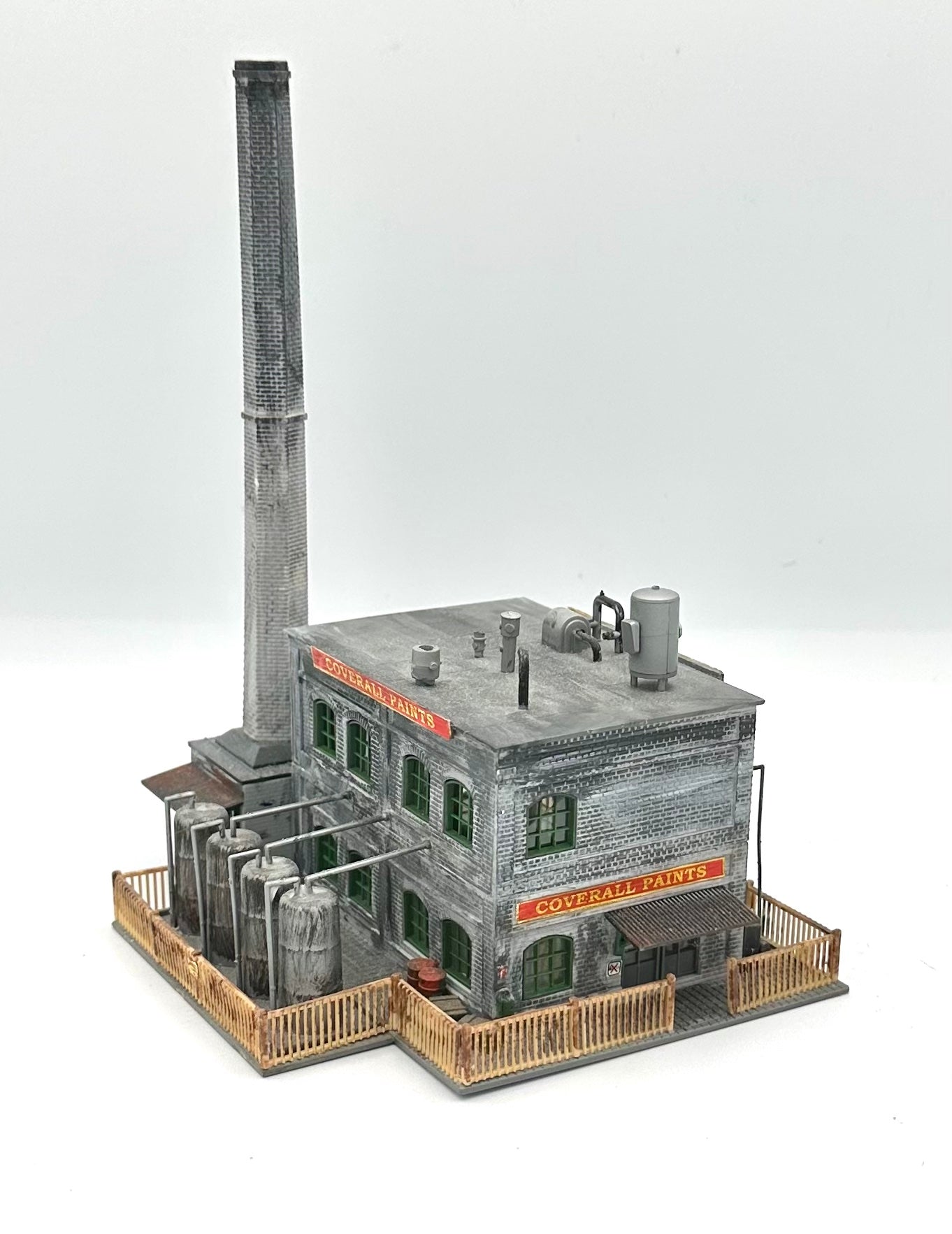 PIKO N Scale Custom Weathered 2 Story Factory Building, " Coverall Paints " Diorama