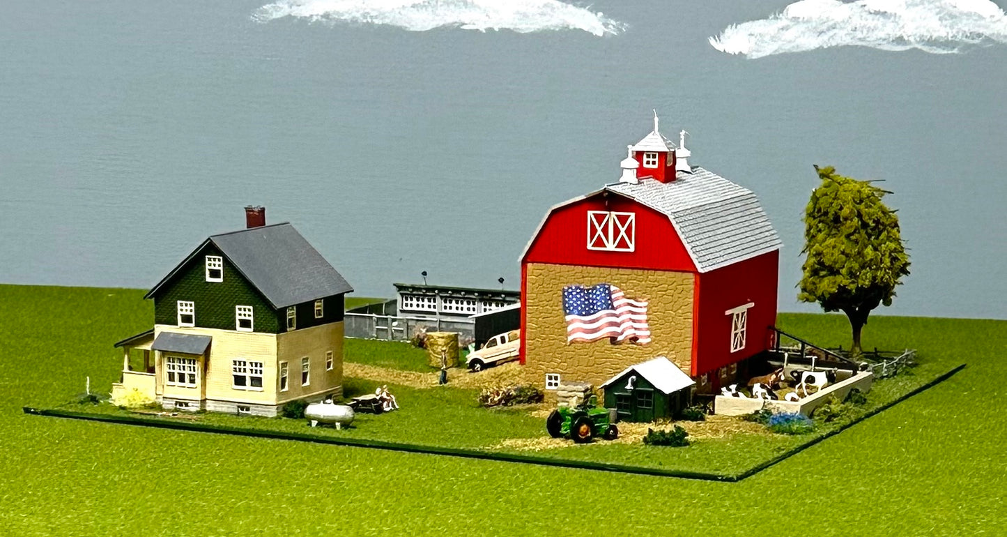 Model Power N Scale 1517 Custom Barn, Lighted Farm House, Chicken Coop, Fenced Fields, Farm Yard, Animals, Vehicles