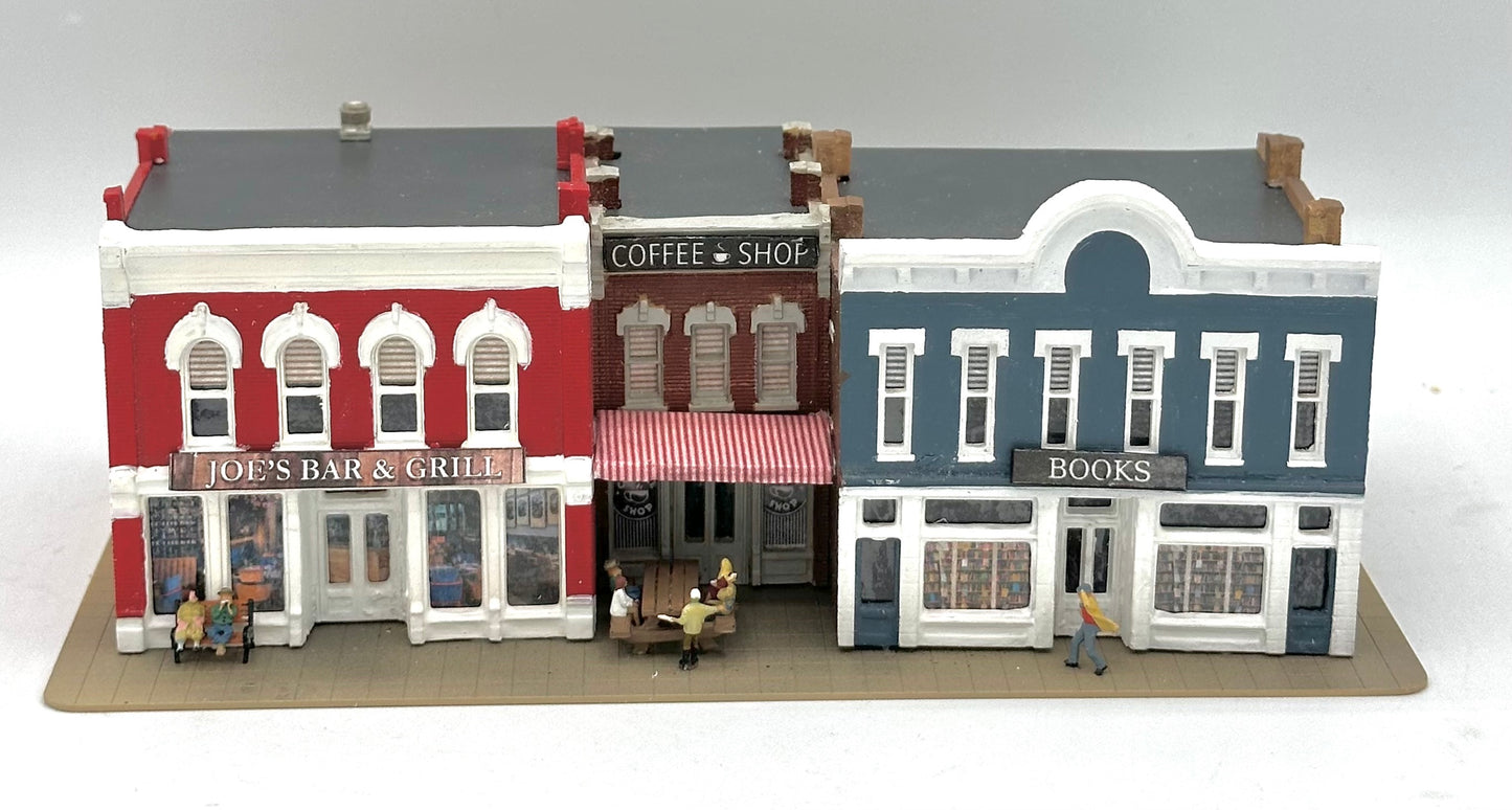 DPM N Scale, Row of 3 Shops individually LED lighted, Custom-painted Street Figures