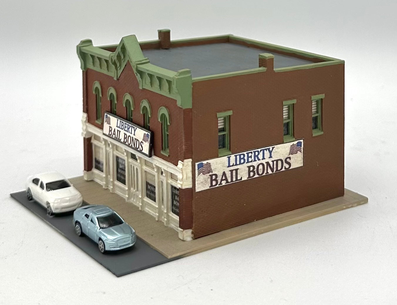 Woodland Scenics N Scale Custom Painted, "Liberty Bail Bonds ",Window treatments