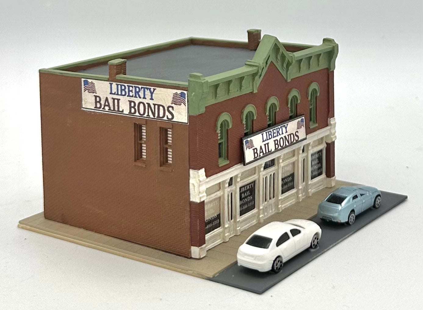 Woodland Scenics N Scale Custom Painted, "Liberty Bail Bonds ",Window treatments