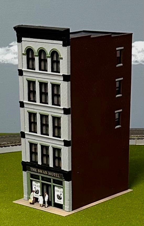 City Classics HO Scale Custom Painted 5-Story Art Deco Building "The Swan Hotel" Street Figures Lighted