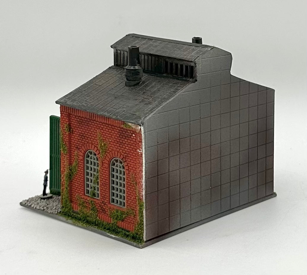 N Scale Weathered Custom Built/Painted Backdrop 2 Stall Engine Shed, and Yard Diorama.