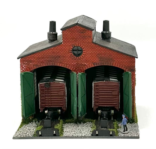 N Scale Weathered Custom Built/Painted Backdrop 2 Stall Engine Shed, and Yard Diorama.