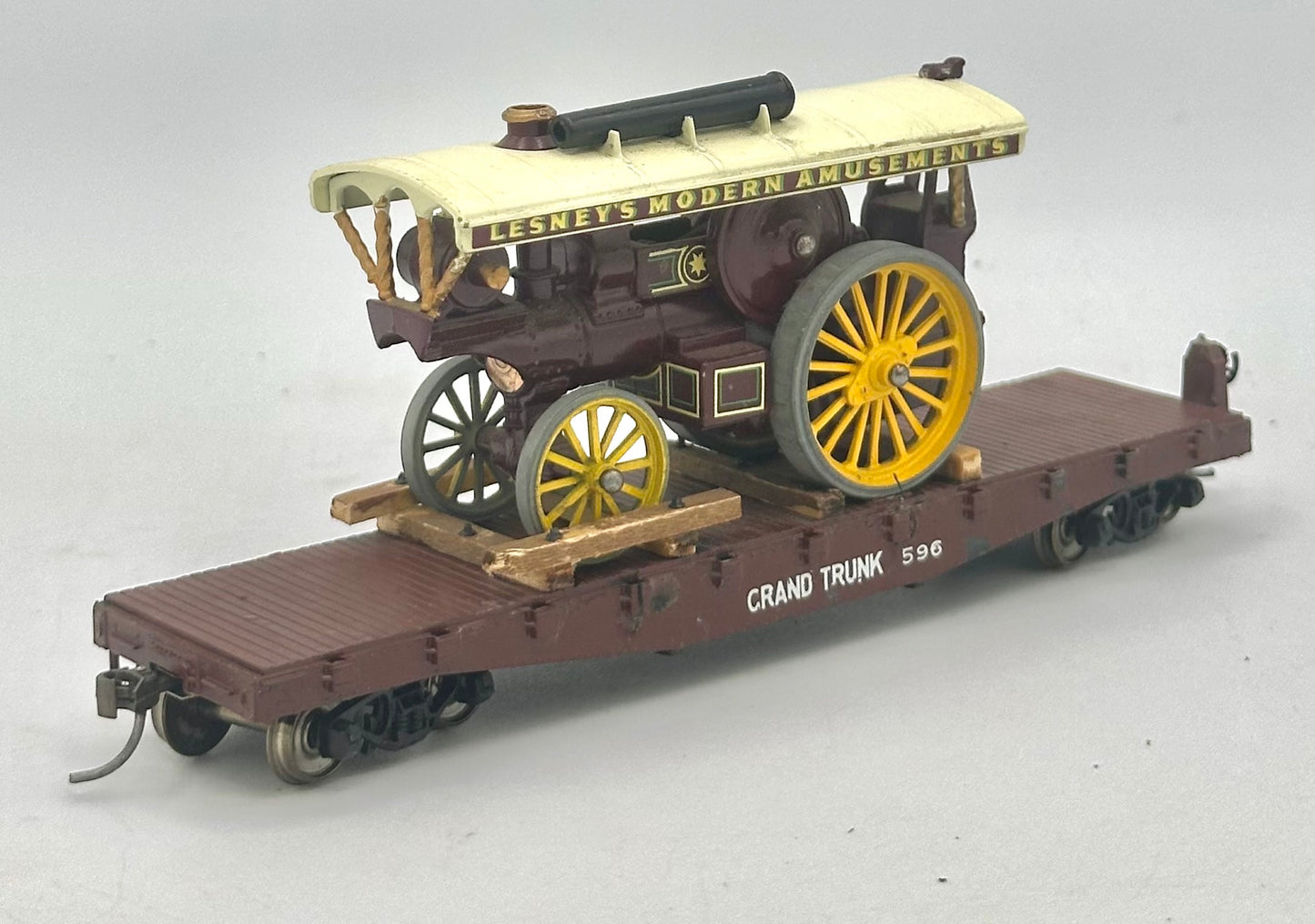 HO Scale Flat Bed car with Traction Engine Load (Lesney's Modern Amusements) All Metal .