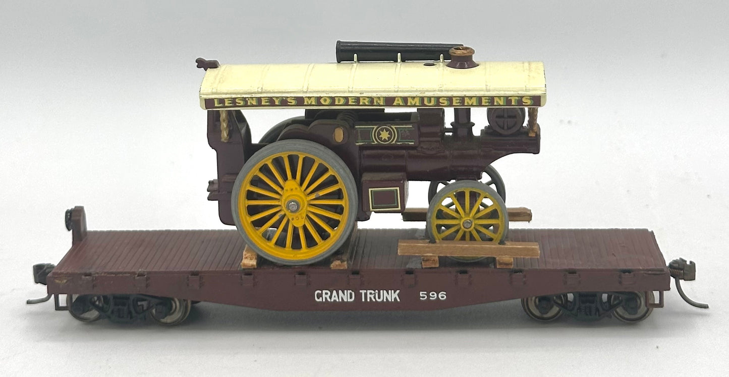 HO Scale Flat Bed car with Traction Engine Load (Lesney's Modern Amusements) All Metal .