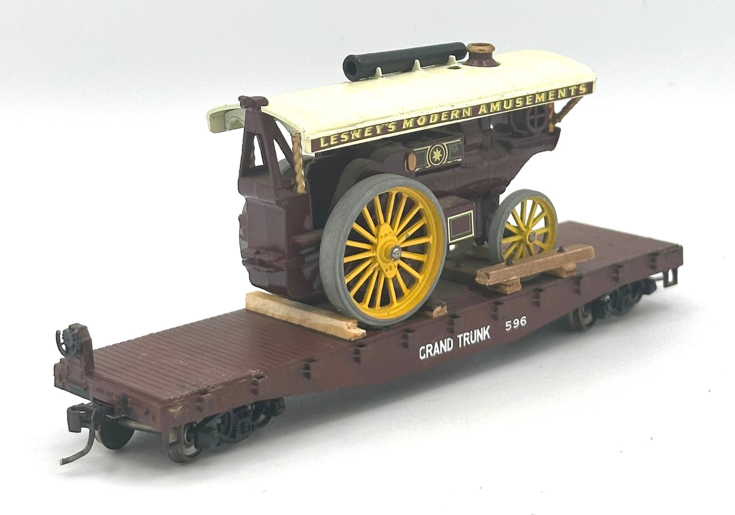 HO Scale Flat Bed car with Traction Engine Load (Lesney's Modern Amusements) All Metal .