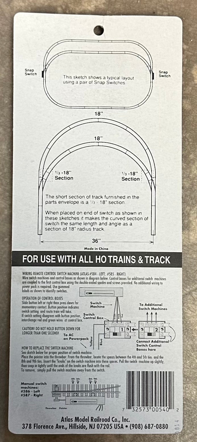 Atlas HO Scale Code 83 Left Hand Remote Turnout #540
