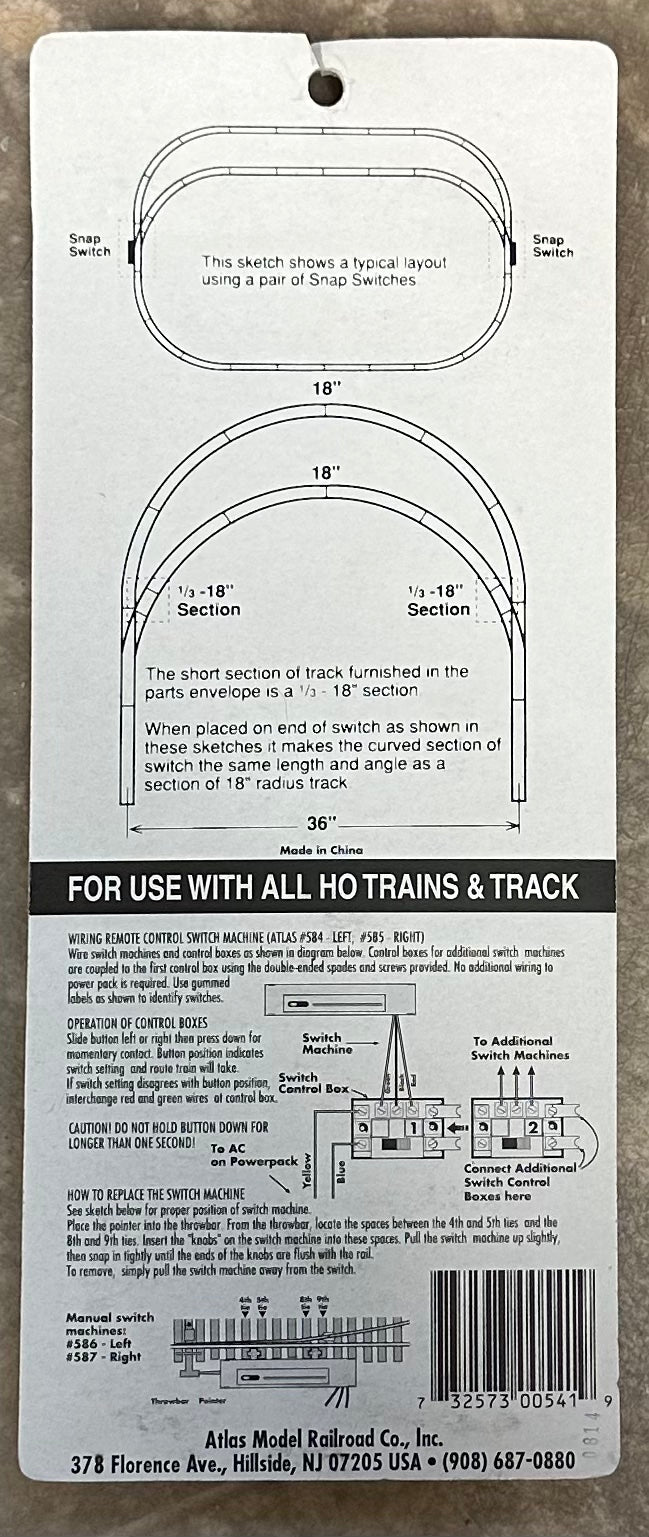 Atlas HO Scale Code 83 Right Hand Remote Turnout #541