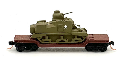 N Scale Depressed Heavy Duty Flatbed Custom Built Painted w/ M3 Lee Medium Tank Load