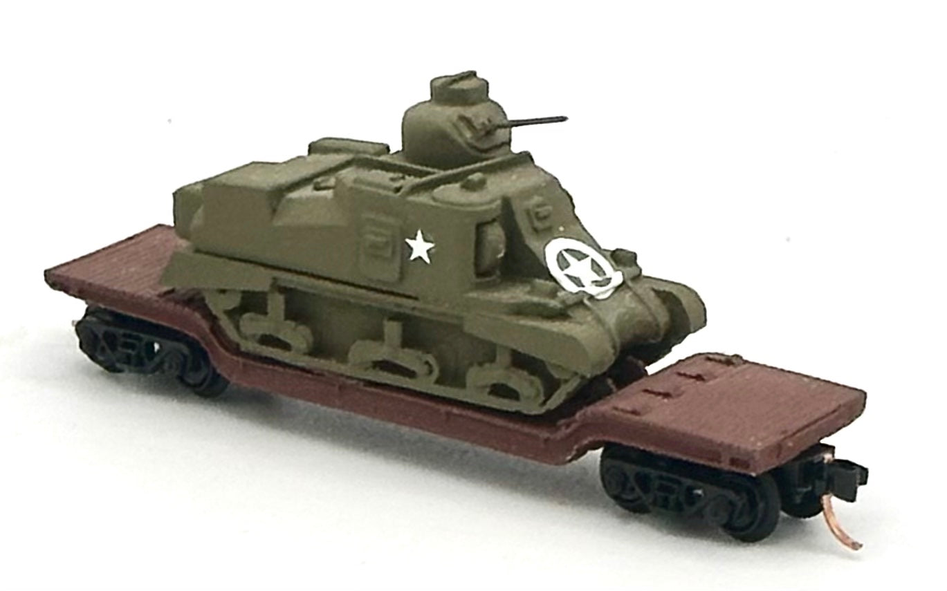 N Scale Depressed Heavy Duty Flatbed Custom Built Painted w/ M3 Lee Medium Tank Load