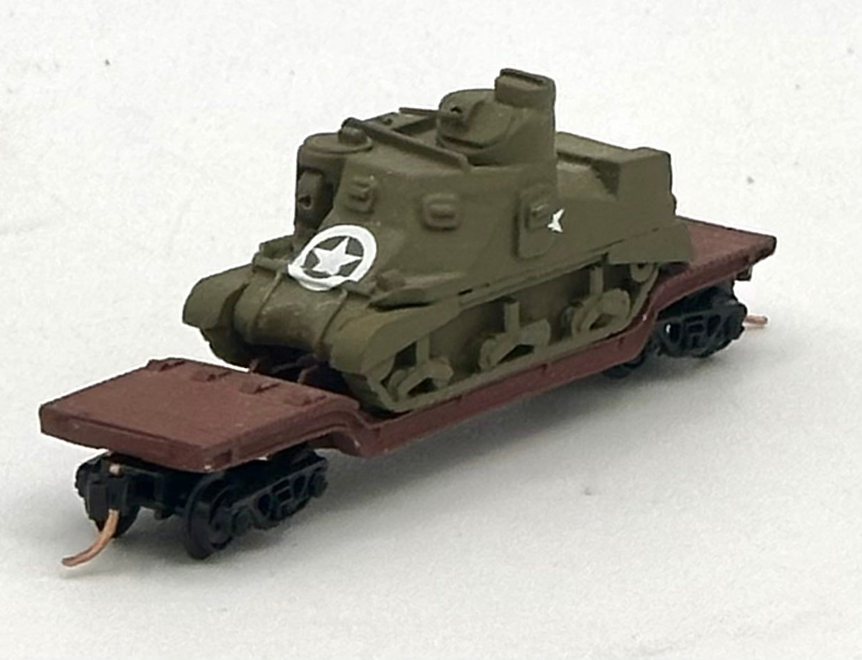 N Scale Depressed Heavy Duty Flatbed Custom Built Painted w/ M3 Lee Medium Tank Load