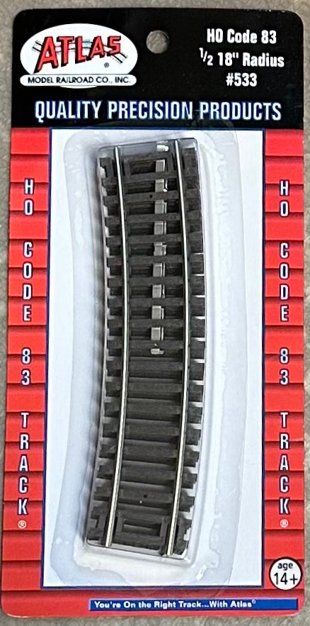 Atlas HO Scale Code 83 1/2 18" Radius #533 Nickel Silver Rail 4pc