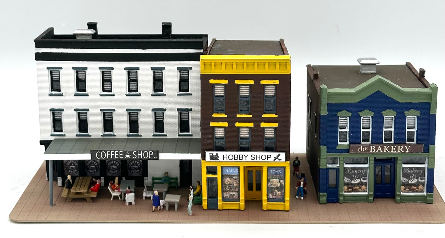 DPM N Scale, Row of 3 Shops individually LED lighted, Custom-painted Street Figures