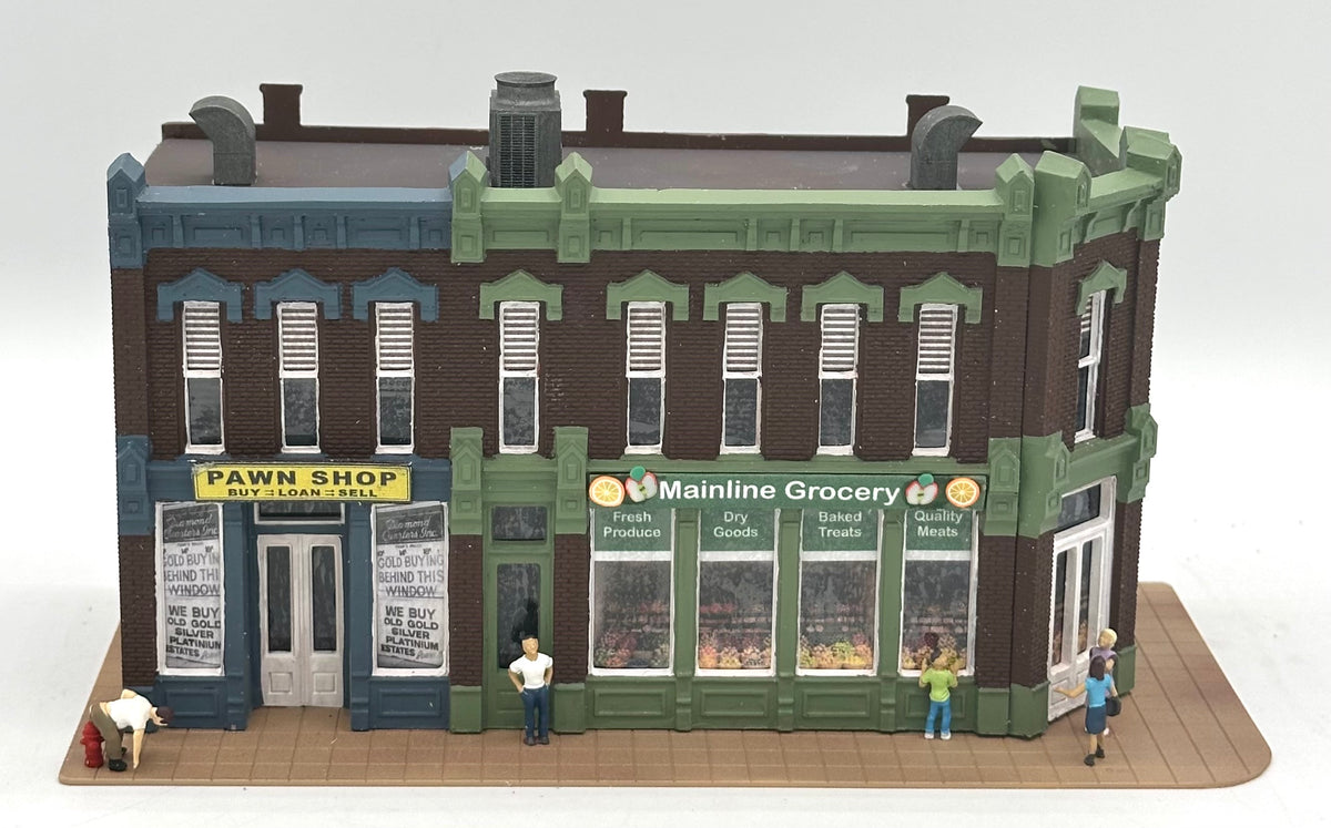 DPM 12100 HO Scale Fully Assembled Seymour Block"Pawn Shop/ Mainline Grocery" Lighted
