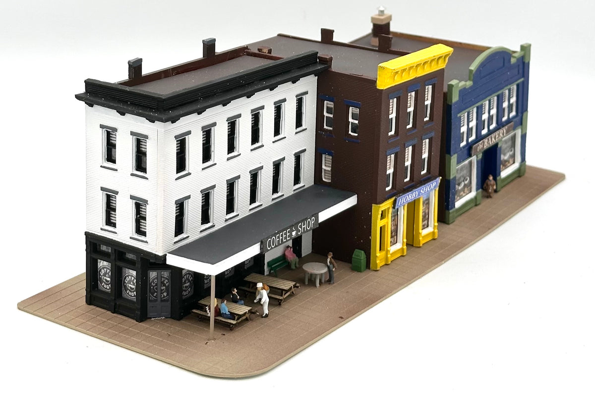 DPM N Scale Row of 3 Shops individually LED lighted, Custom-painted Street Figures