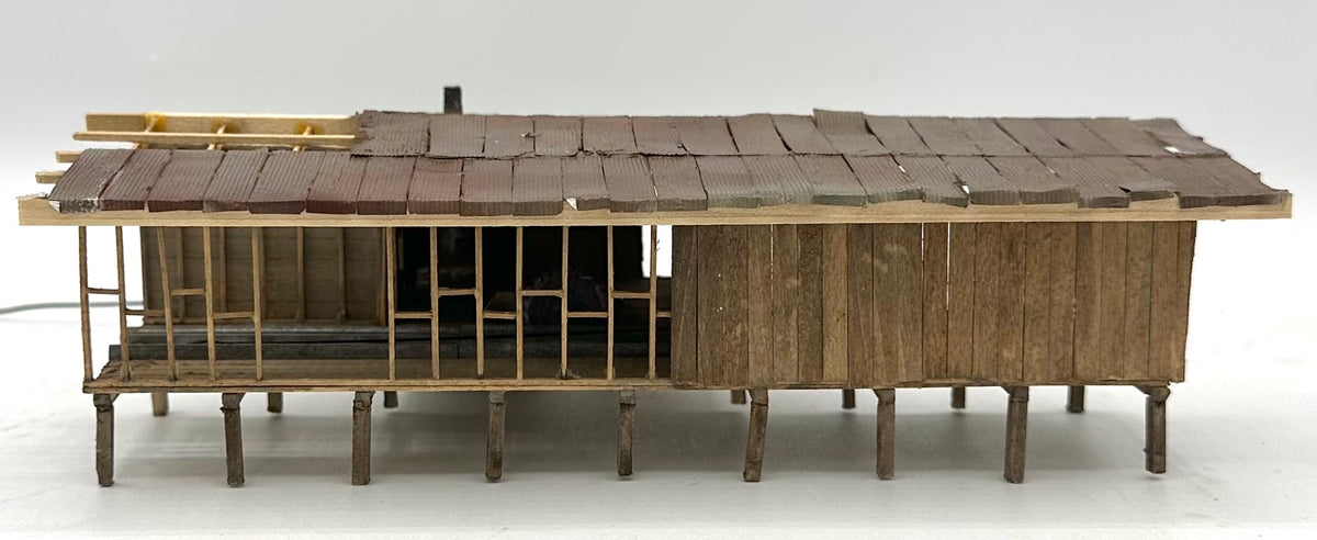 HO Scale Custom Built Wooden Weathered Sawmill, Metal Roof, Loose Log Ramp