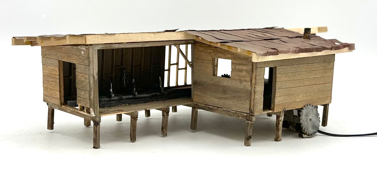 HO Scale Custom Built Wooden Weathered Sawmill, Metal Roof, Loose Log Ramp