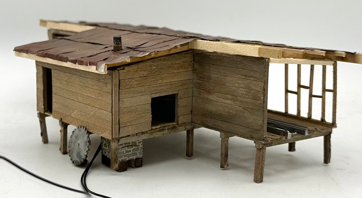 HO Scale Custom Built Wooden Weathered Sawmill, Metal Roof, Loose Log Ramp