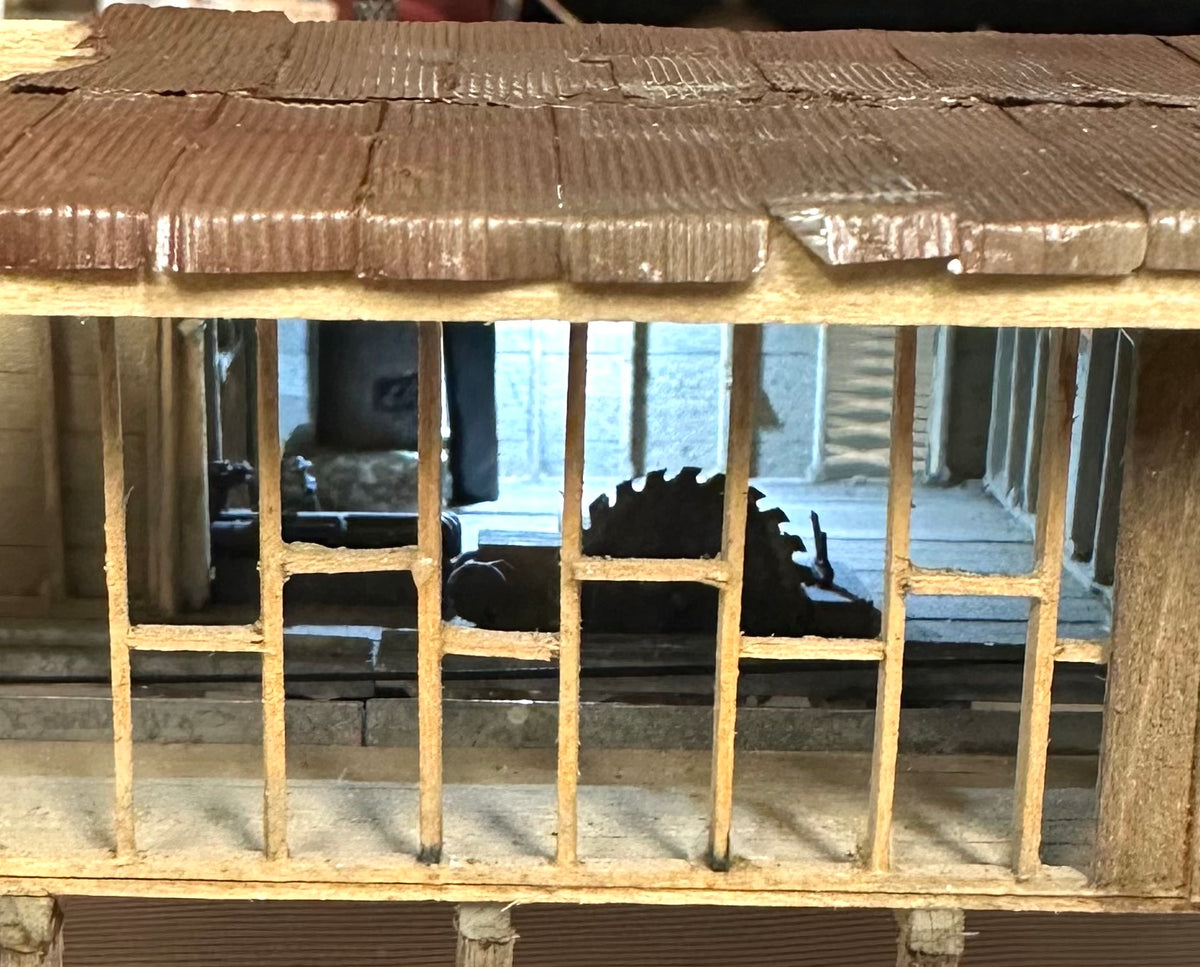 HO Scale Custom Built Wooden Weathered Sawmill, Metal Roof, Loose Log Ramp