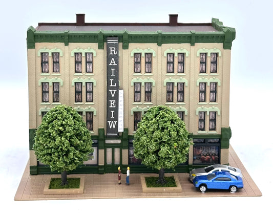DPM Woodland Scenics N Scale Custom Painted "Railveiw Apartments" Lighted Diorama.