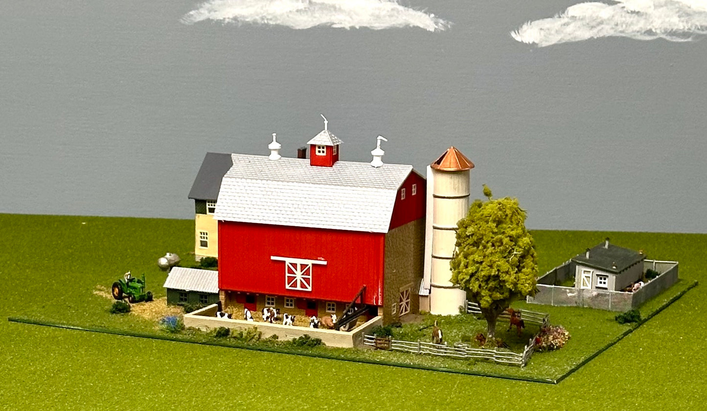 Model Power N Scale 1517 Custom Barn, Lighted Farm House, Chicken Coop, Fenced Fields, Farm Yard, Animals, Vehicles