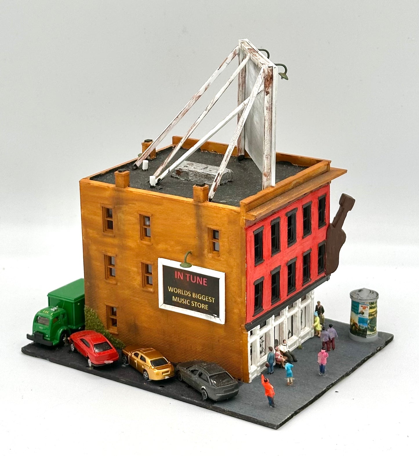 N Scale 6-Story Weathered Custom Painted "In Tune" Music Shop Fully Assembled Lighted