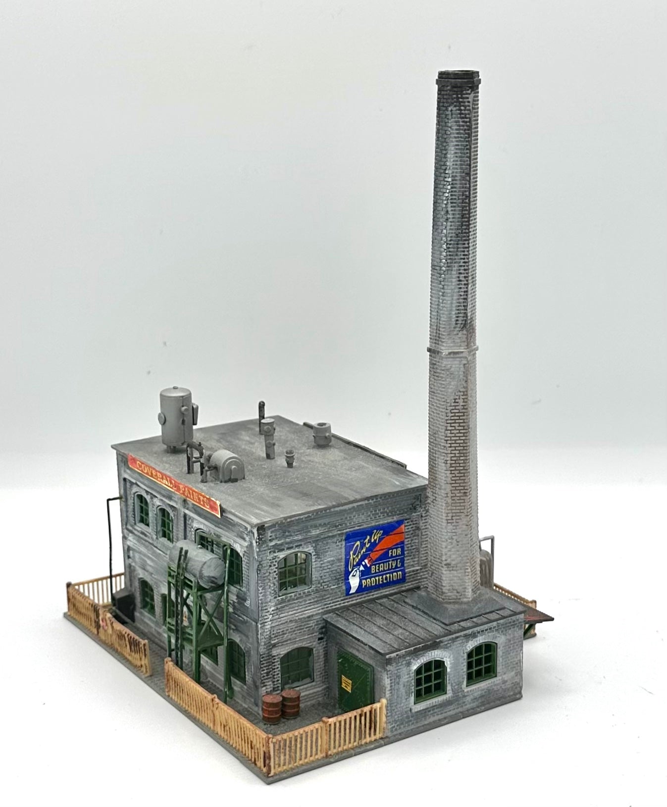 PIKO N Scale Custom Weathered 2 Story Factory Building, " Coverall Paints " Diorama