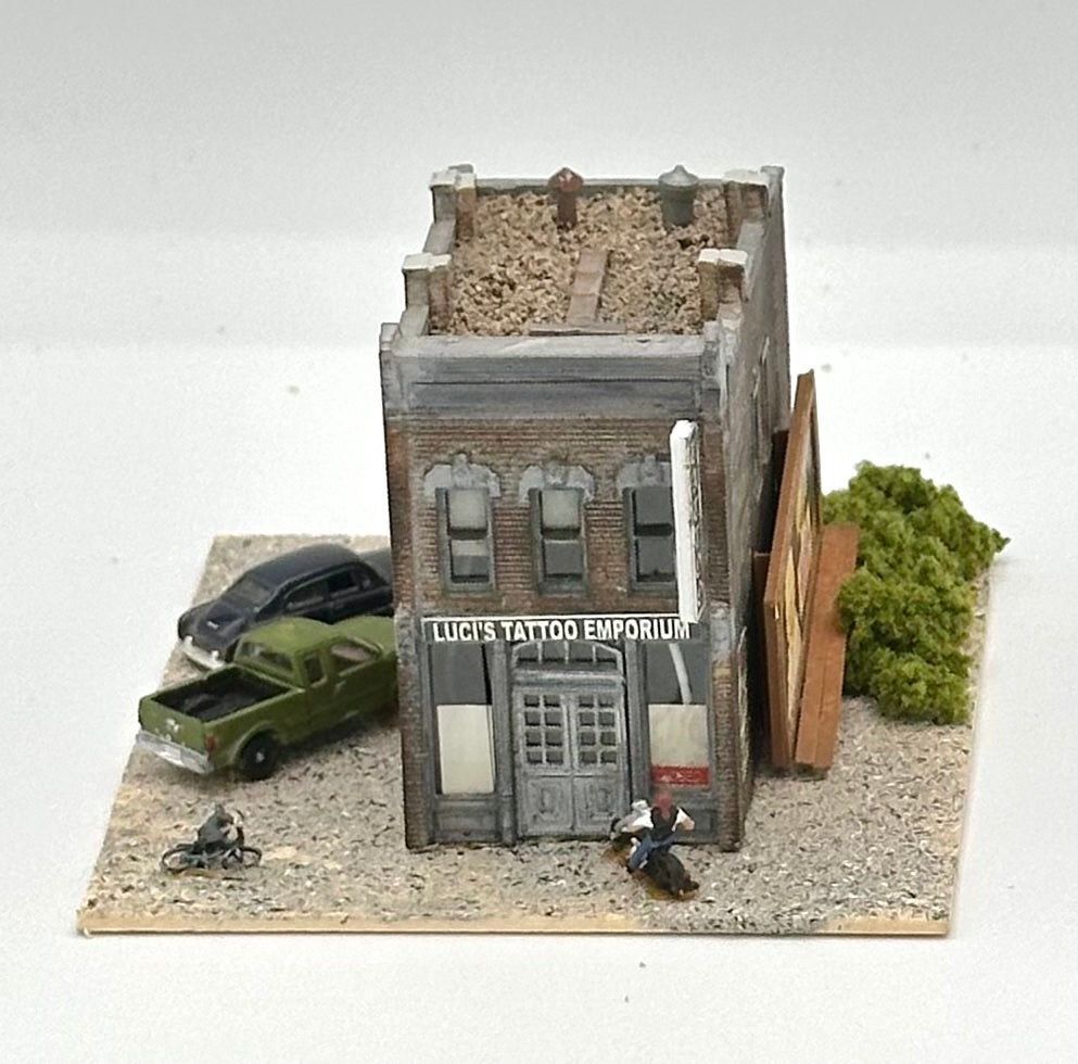 DPM N Scale Custom Painted/Weathered "Lucyi's Tattoo Emporium" Fully Assembled Lighted Diorama