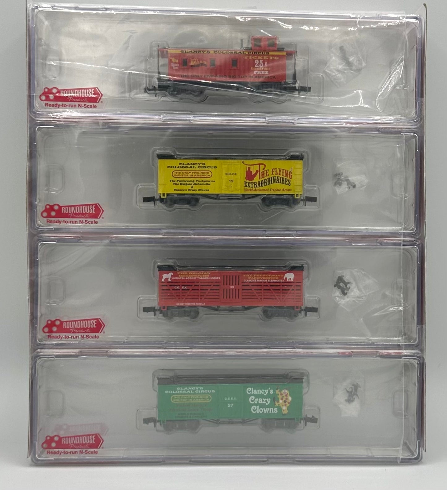 RoundHouse 89454 N Scale  4 pack Clancy's Circus BillBoard Cars +MDC Couplers