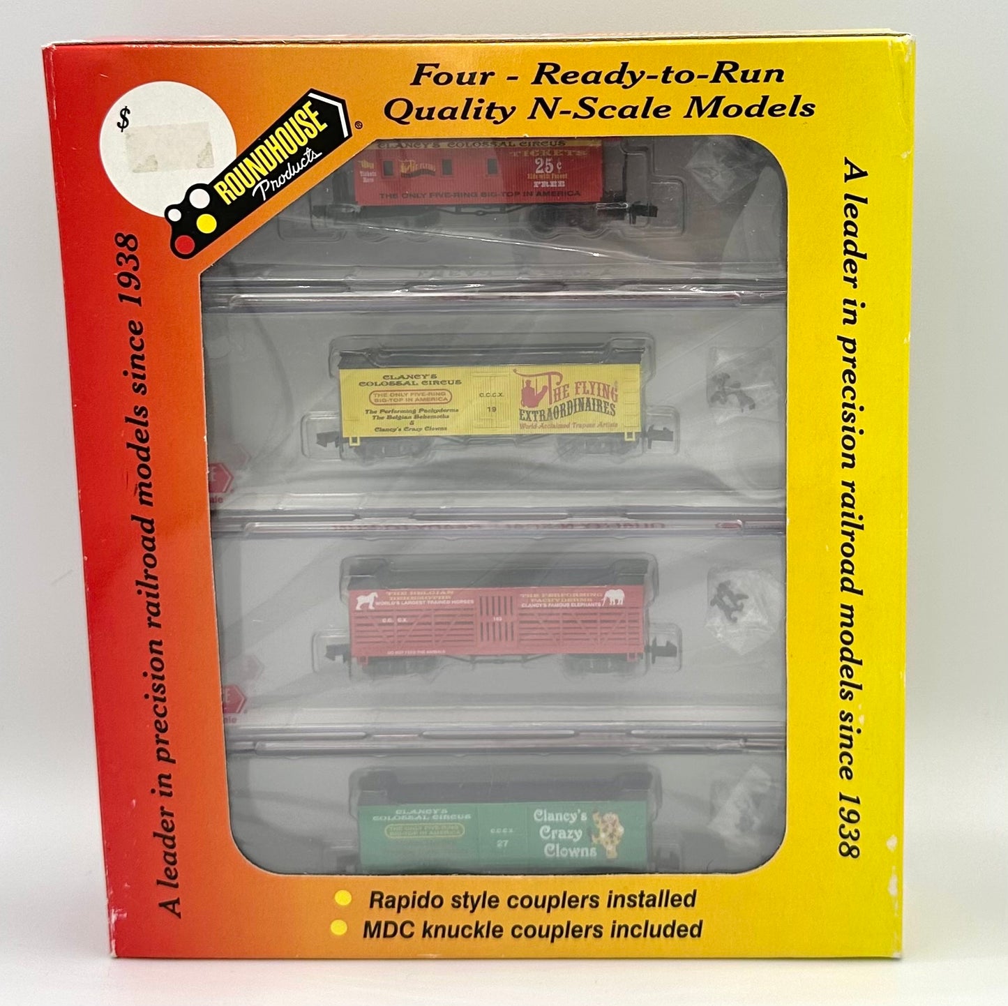 RoundHouse 89454 N Scale  4 pack Clancy's Circus BillBoard Cars +MDC Couplers