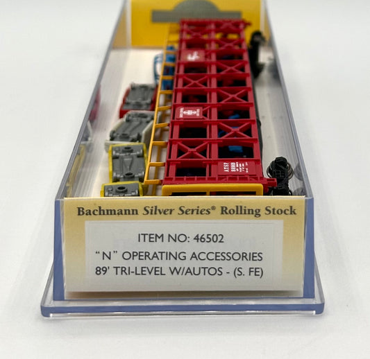Bachmann N Scale Silver Series 46502 N ATSF 89' Tri-Level Auto Rack W/ 15 Autos ATSF88969