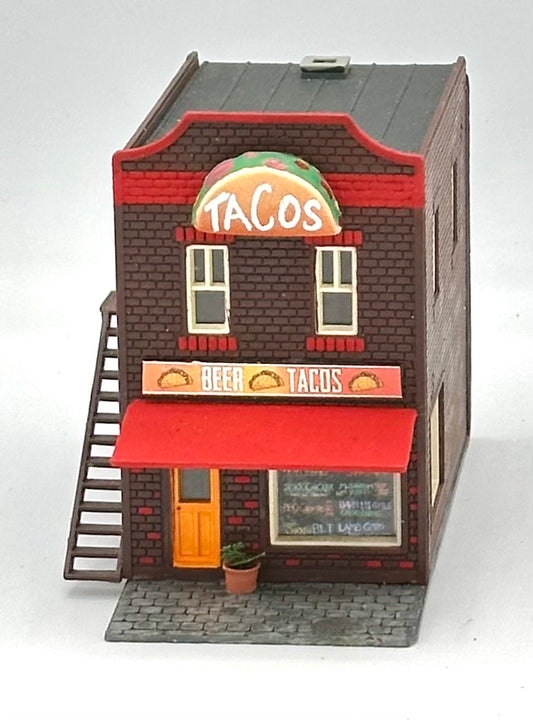 HO Scale 2-Story Brick Built "Beer & Tacos" Restaurant Fully Assembled.