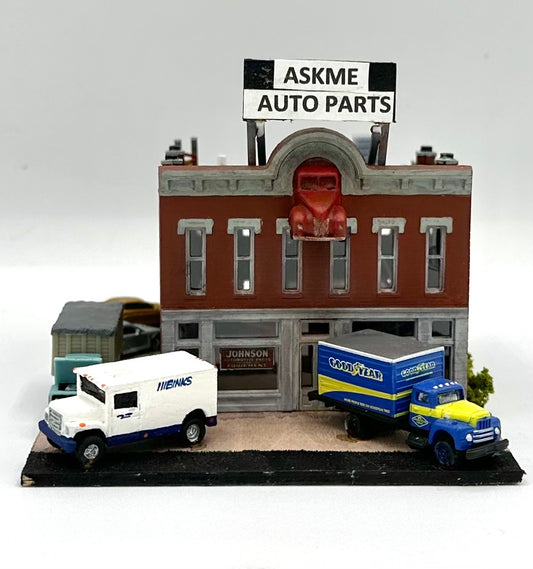 Woodland Scenics N Scale Custom Weathered Brick Built "ASKME AutoParts" Lighted Diorama